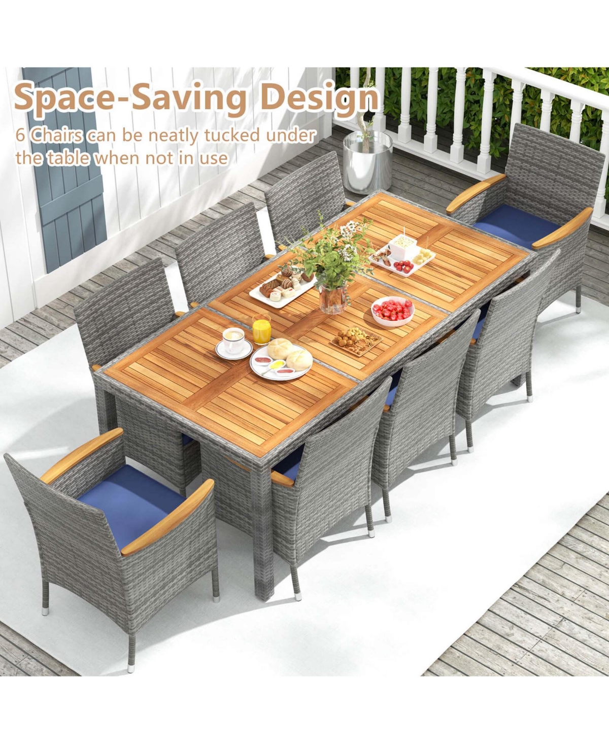 9 Pcs Patio Dining Set for 8 Table and Pe Rattan Chairs with 2" Umbrella Hole