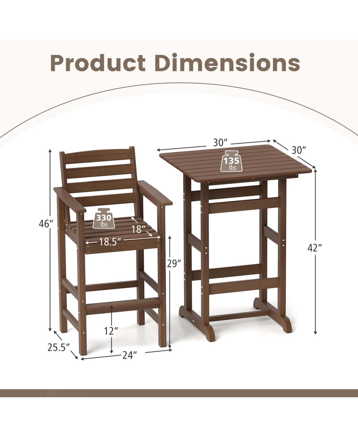 3-Piece Patio Hdpe Bar Set Armchairs with Square High-Top Table Footrest and Backrest