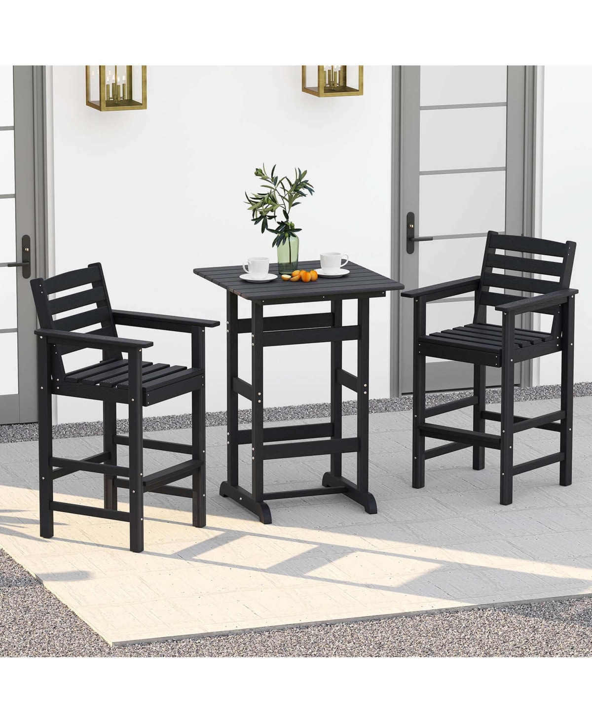 3-Piece Patio Hdpe Bar Set Armchairs with Square High-Top Table Footrest & Backrest
