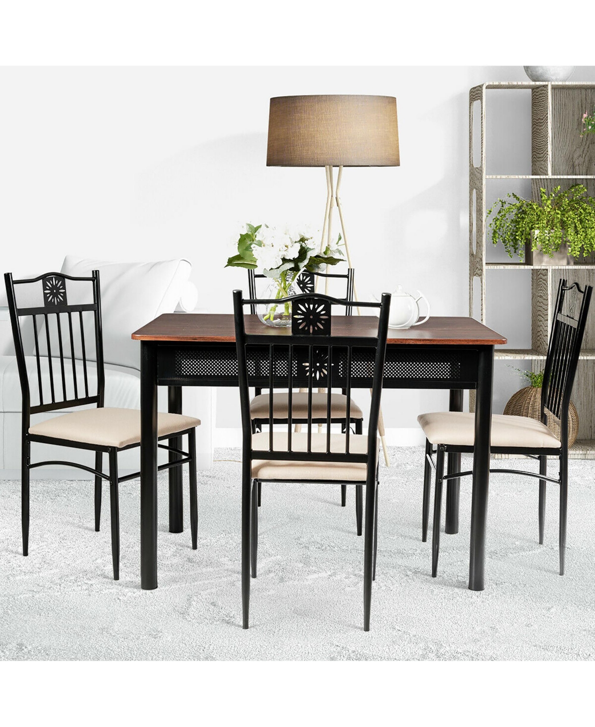 5 Piece Dining Set Wood Metal Table and 4 Chairs Kitchen Breakfast Furniture