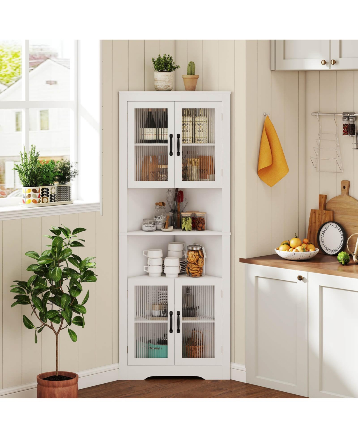 67" Tall Corner Hutch with 4 Fluted Glass Doors 3-Level Adjustable Shelves