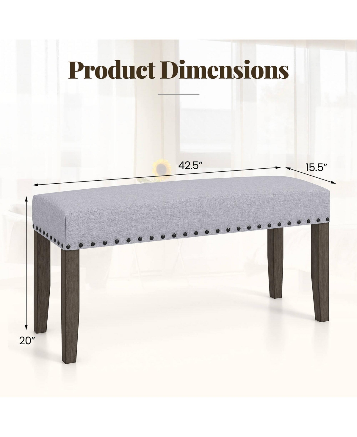 2 Pcs 42.5" Upholstered Entryway Bench with Nailhead Trim Soft Padded Cushion Indoor
