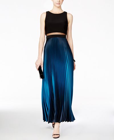 Betsy & Adam Pleated Ombré Illusion Gown