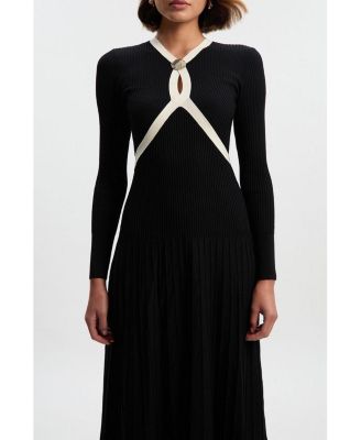 Women's Rib Knit Trim Full Skirt Midi Dress