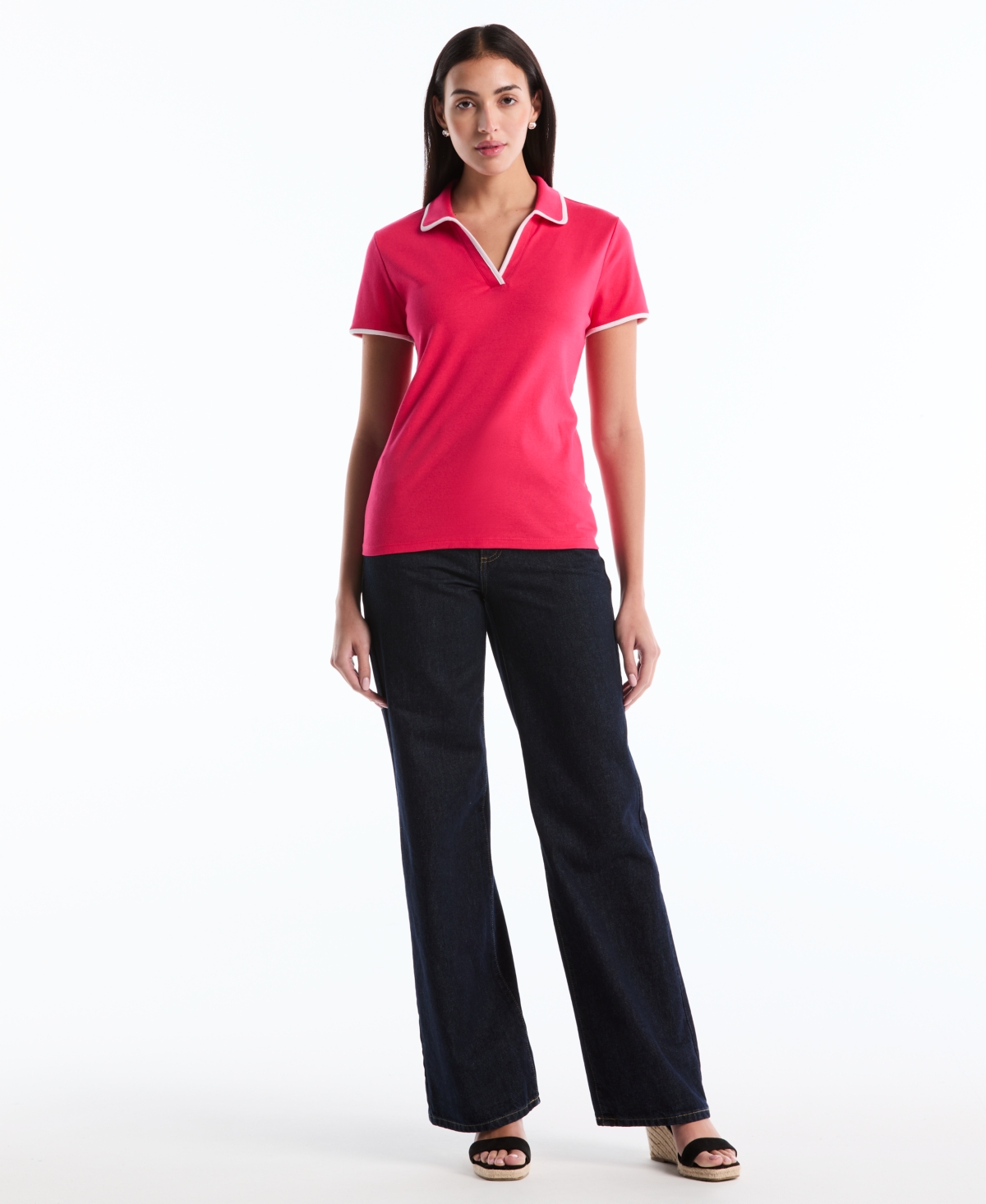 Rafaella Petite Contrast Trim Johnny Collar Polo Shirt