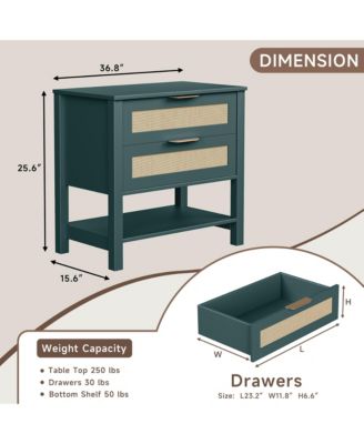 Rattan Nightstand with 2 Drawers, Open Shelf & Handles for Bedroom or Living Room