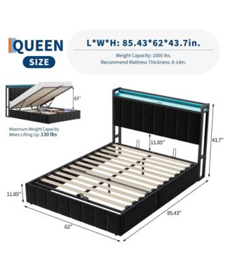 Lift Up Bed Frame with Charging Station & LED Lights,Upholstered Bed with Storage Headboard