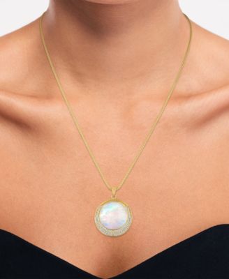 Mother of Pearl & Cubic Zirconia Crescent Circle Pendant Necklace in 14k Gold Over Sterling Silver