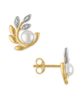 Cultured Freshwater Pearl (4mm) & Diamond Accent Olive Branch Earrings in 14k Gold Over Sterling Silver