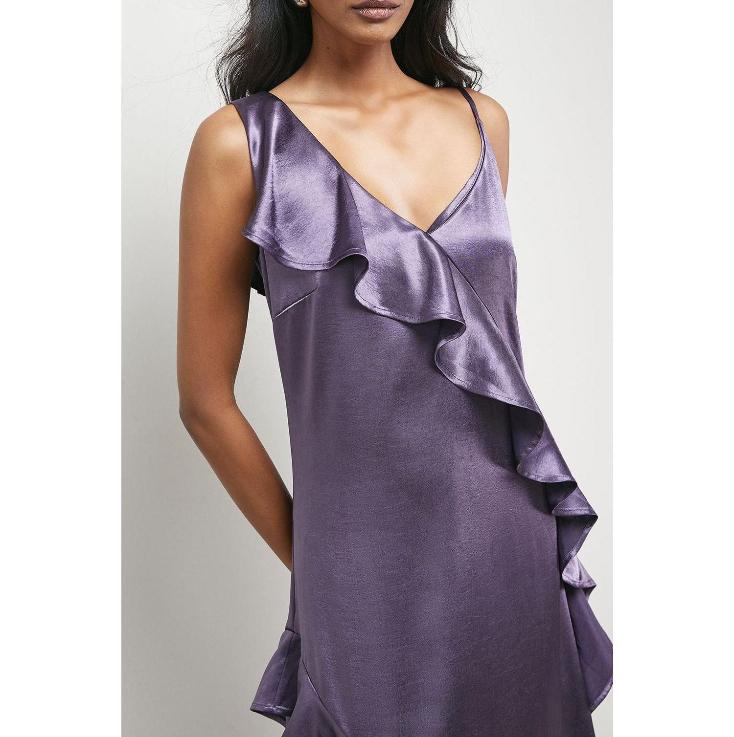 Women's Metallic Satin Ruffle Midi Slip Dress