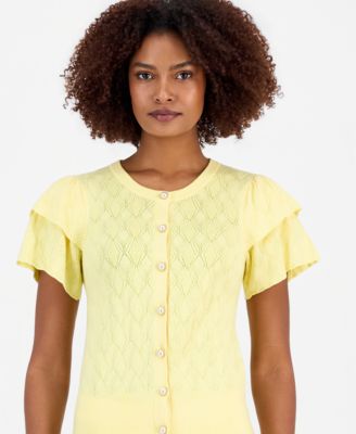 Women's Pointelle Flutter-Sleeve Cardigan Sweater