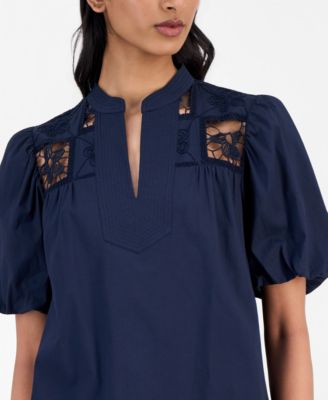 Women's Split-Neck Lace-Yoke Puff-Sleeve Top