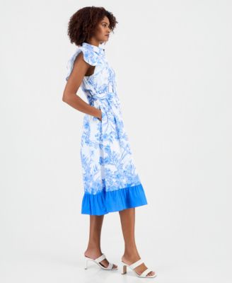 Women's Flutter-Sleeve Ruffled-Hem Shirt Dress