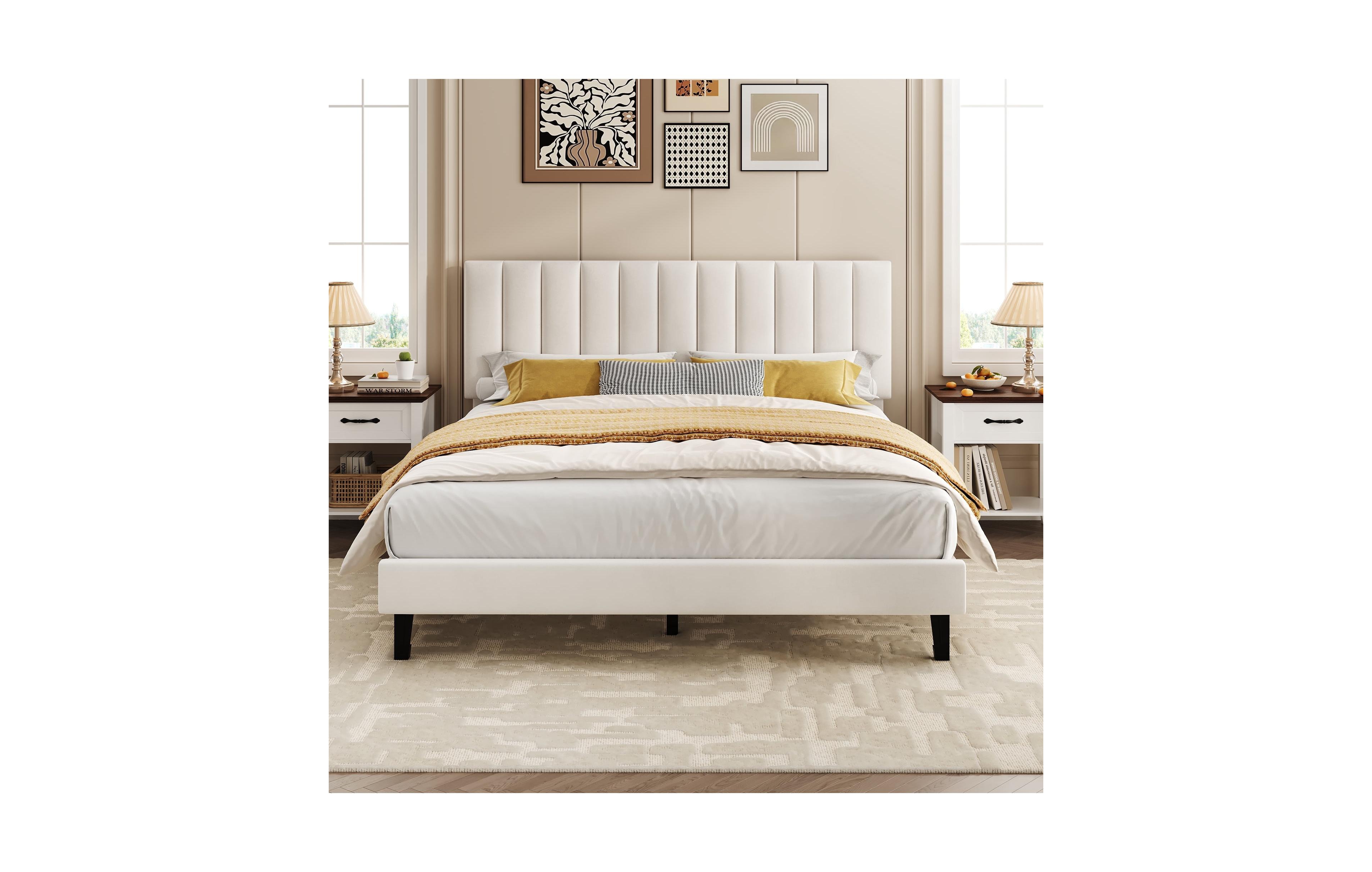 gaomon Bed Frame and Upholstered Headboard with Adjustable Vertical Channel Tufted Headboard