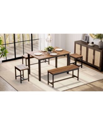 5-Piece Extendable Dining Table Set for 4-8 People, 63 Inch Kitchen Table with 2 Benches & 2 Stools