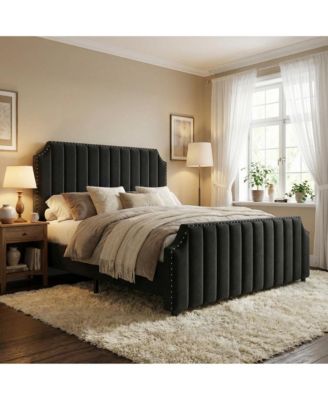 Velvet Upholstered Bed Frame with Headboard&Footboard, Platform Bed Frame with Nailhead Trim