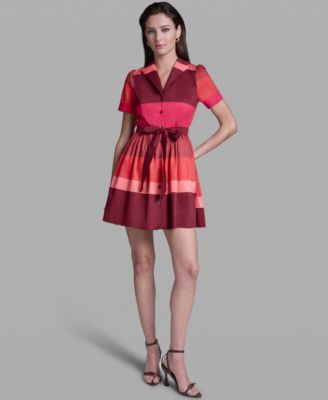Women's Short-Sleeve Wide Lapel Cotton Stripe Mini Shirt Dress