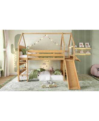 Loft Bed with Bookshelf and Slide for Kids