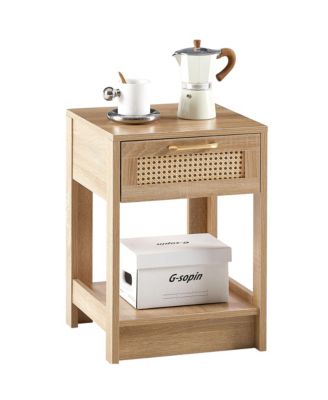Wooden Rattan Nightstand with Drawer and Open Storage Shelf – End Table