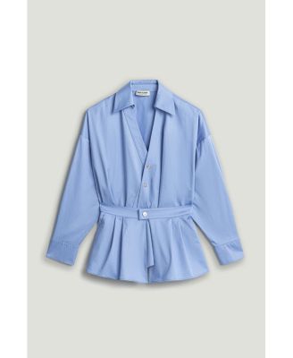 Women's Belted V-Neck Poplin Shirt