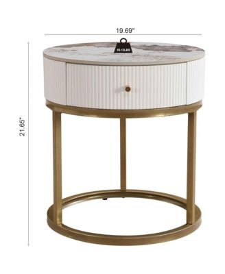 Marble Round Nightstand, Modern End Table with Drawer and Gold Metal Frame, Bedside Storage Table for Living Room Bedroom