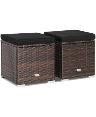 2PCS Rattan Ottomans Seat Side Table Storage Box Footstool w/ Black Cushion Patio