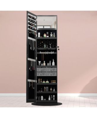 360° Swivel Lockable Rattan Jewelry Cabinet with Full Length Mirror and Display Shelves