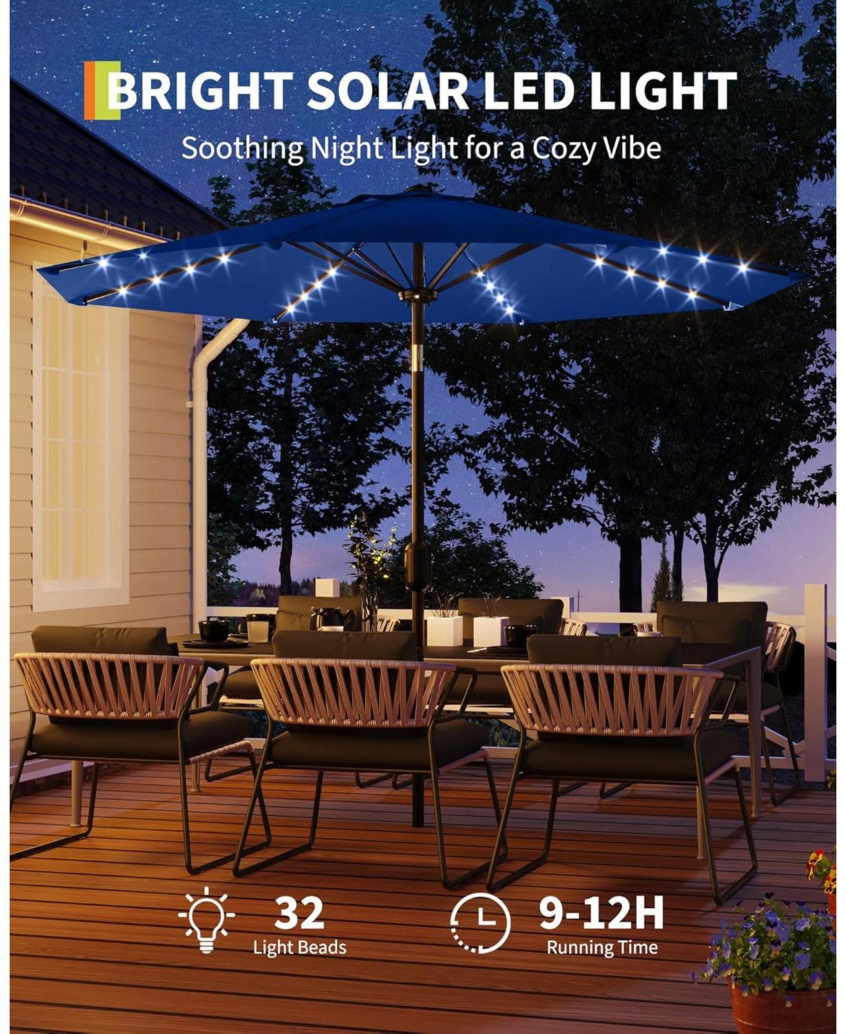 gaomon 9 ft Patio Umbrella with Solar Led Lights, Tilt Crank, 8-Rib Table Umbrella for Outdoor, Deck & Pool