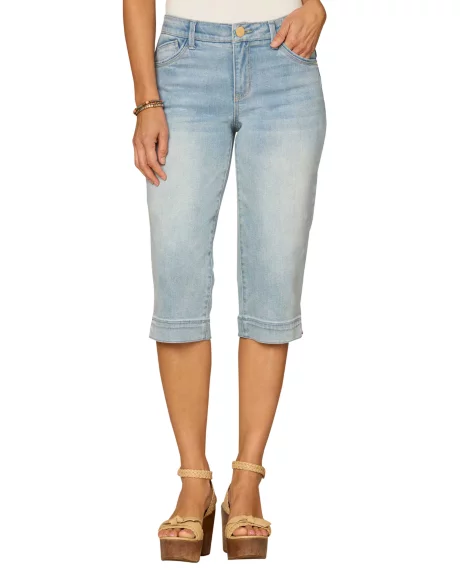 Petite Mid-Rise Side Slit Bow Embroidered Denim Shorts - Light Blue