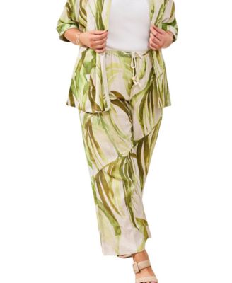 Plus Size Printed Linen Flare Pull-On Ankle Pants