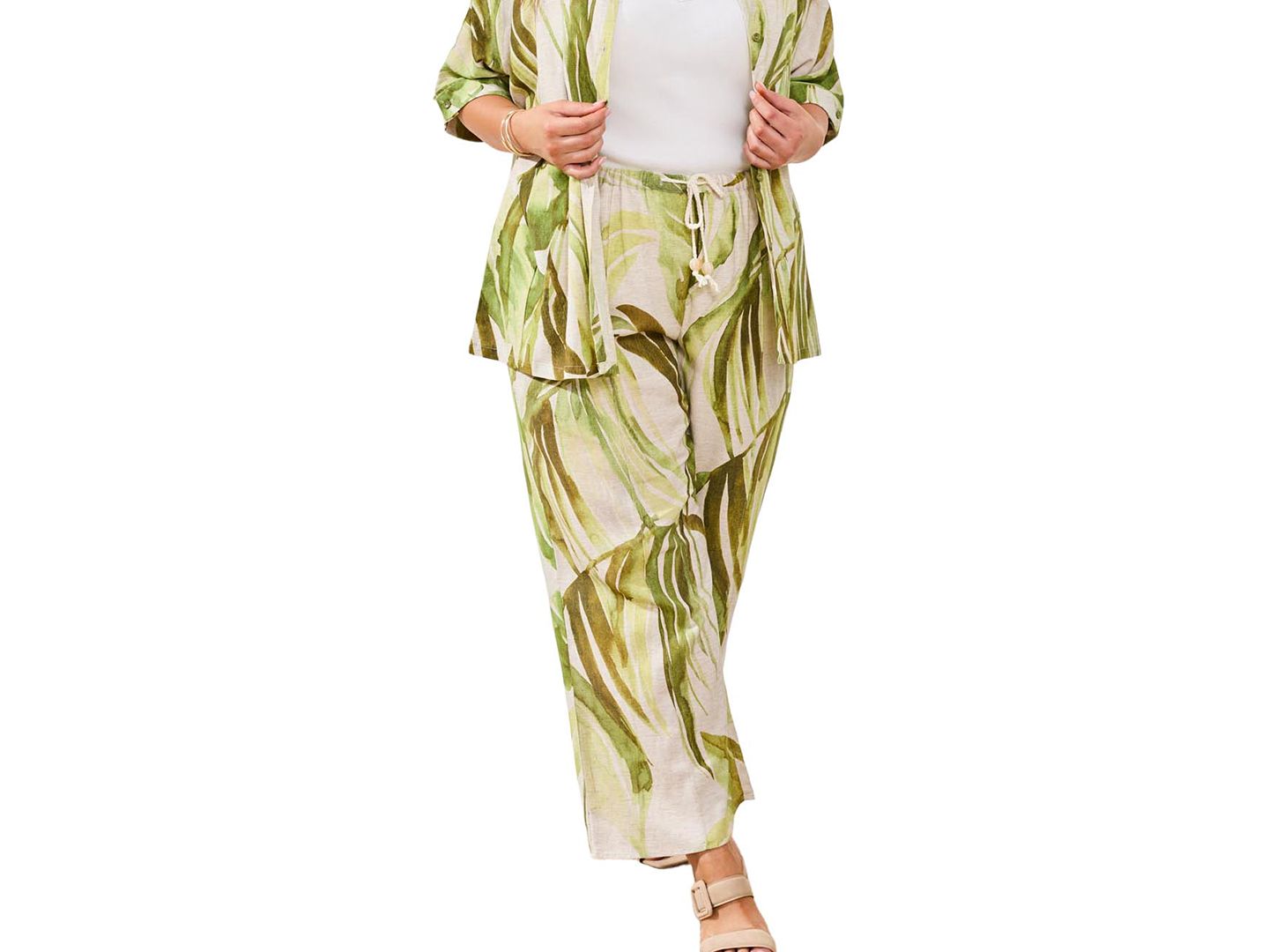 Женские брюки TRIBAL Plus Size Printed Linen Flare Pull-On Ankle, цвет: Mintleaf — фото 3