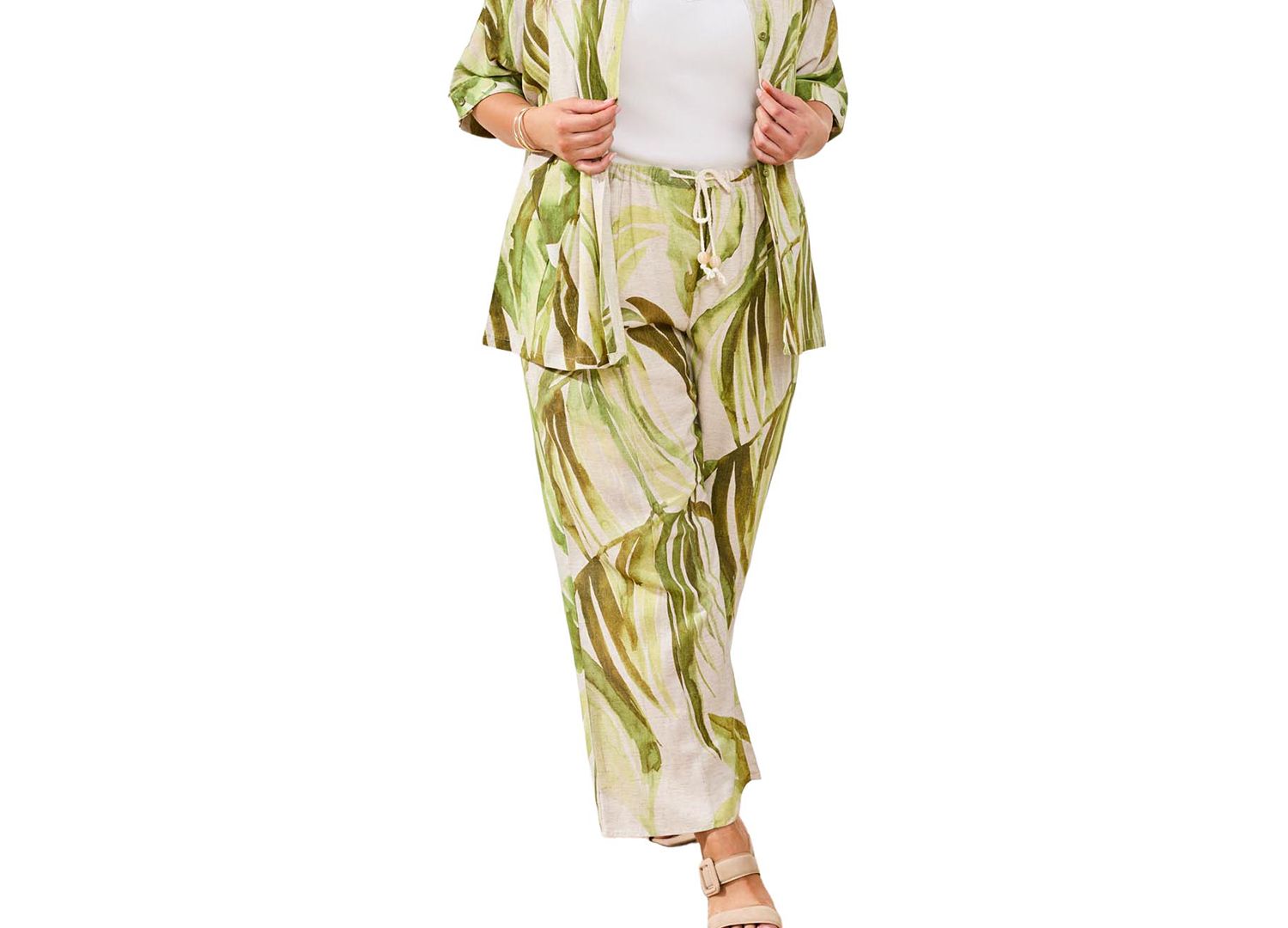 Plus Size Printed Linen Flare Pull-On Ankle Pants
