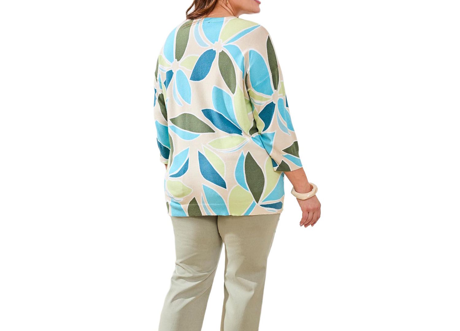 Plus Size Printed 3/4-Sleeve Crew Neck Sweater