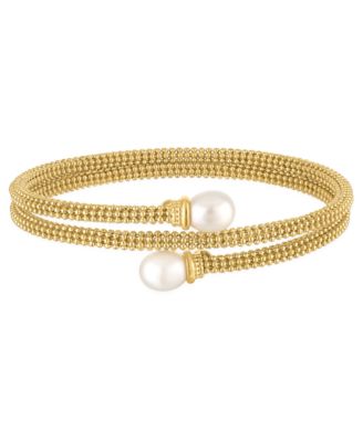 Cultured Freshwater Pearl (7.5-8mm) Bypass Coil Bangle Bracelet in 14k Gold over Sterling Silver