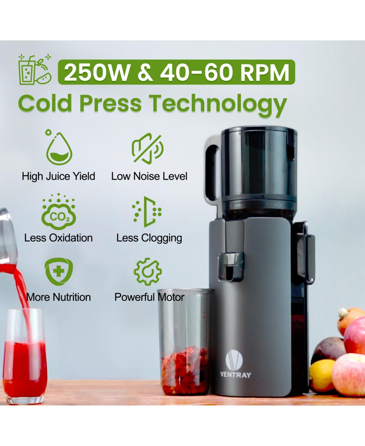 Cold Press Juicer, 4.7" Large Feed Chute Masticating Juicer with Extended Extraction Tech for Fruits & Vegetables