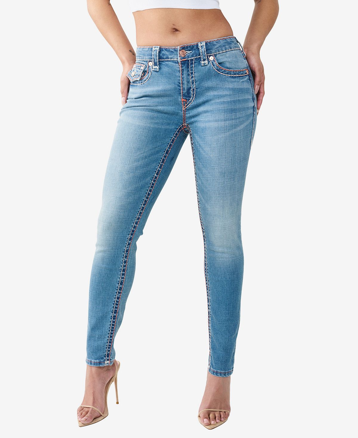 True Religion Women's Jennie Mid-Rise Skinny Super T Flap Jeans view 2 — MAYCSS fashion products