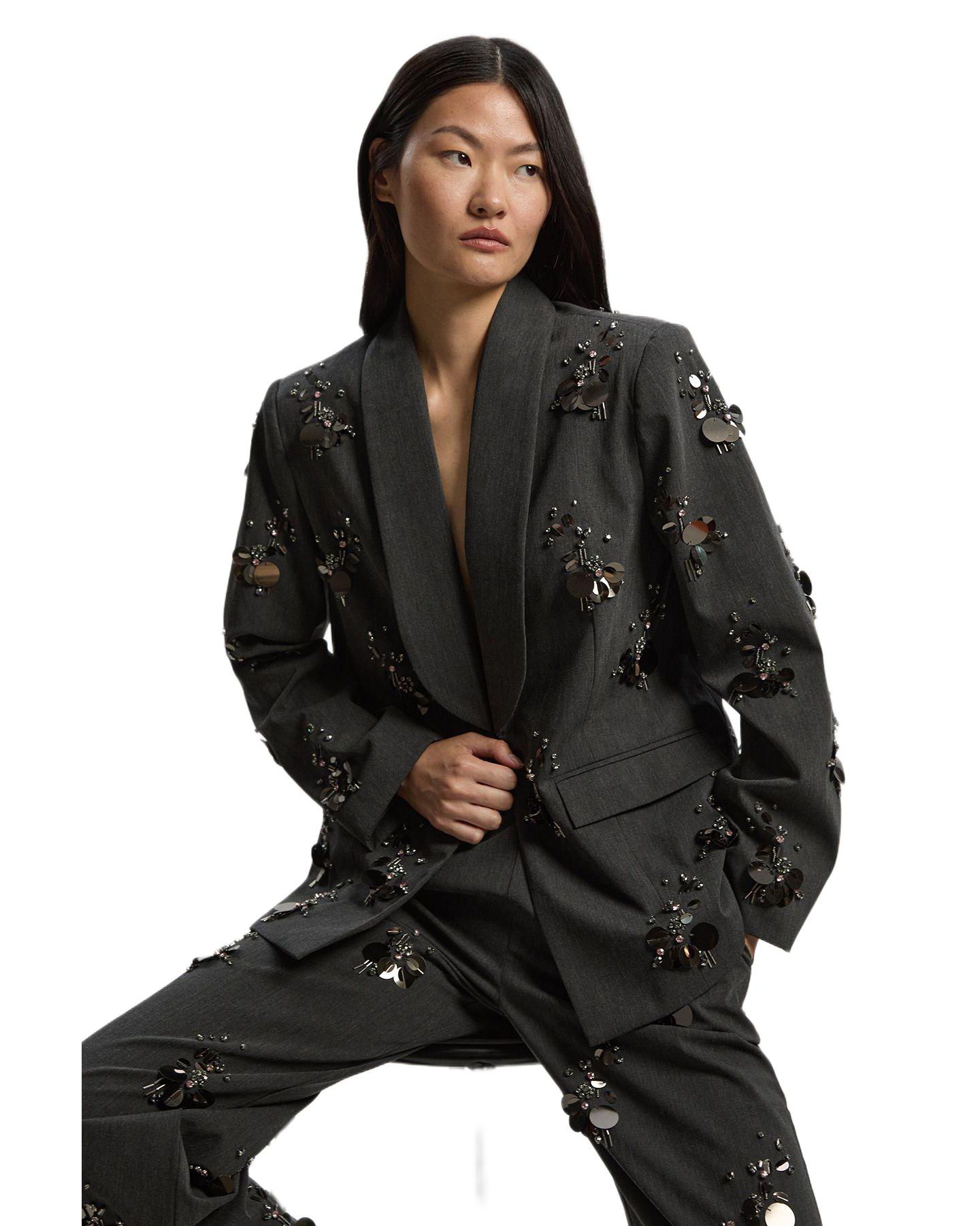 Женский пиджак Karen Millen Embellished Single-Breasted Blazer, цвет: Серый — фото 1