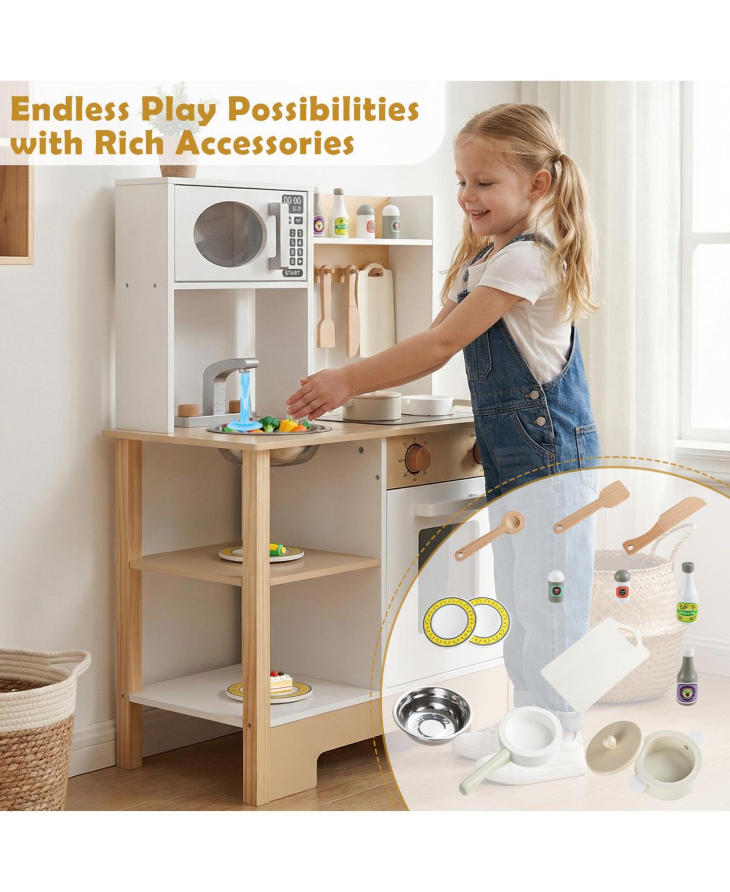 Детская игрушка Mecale Wooden Play Kitchen with Chalkboard, 13 Accessories, Ages 3+, цвет: Коричневый — фото 11