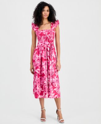 Women's Smocked Ruffle-Sleeve Midi Dress