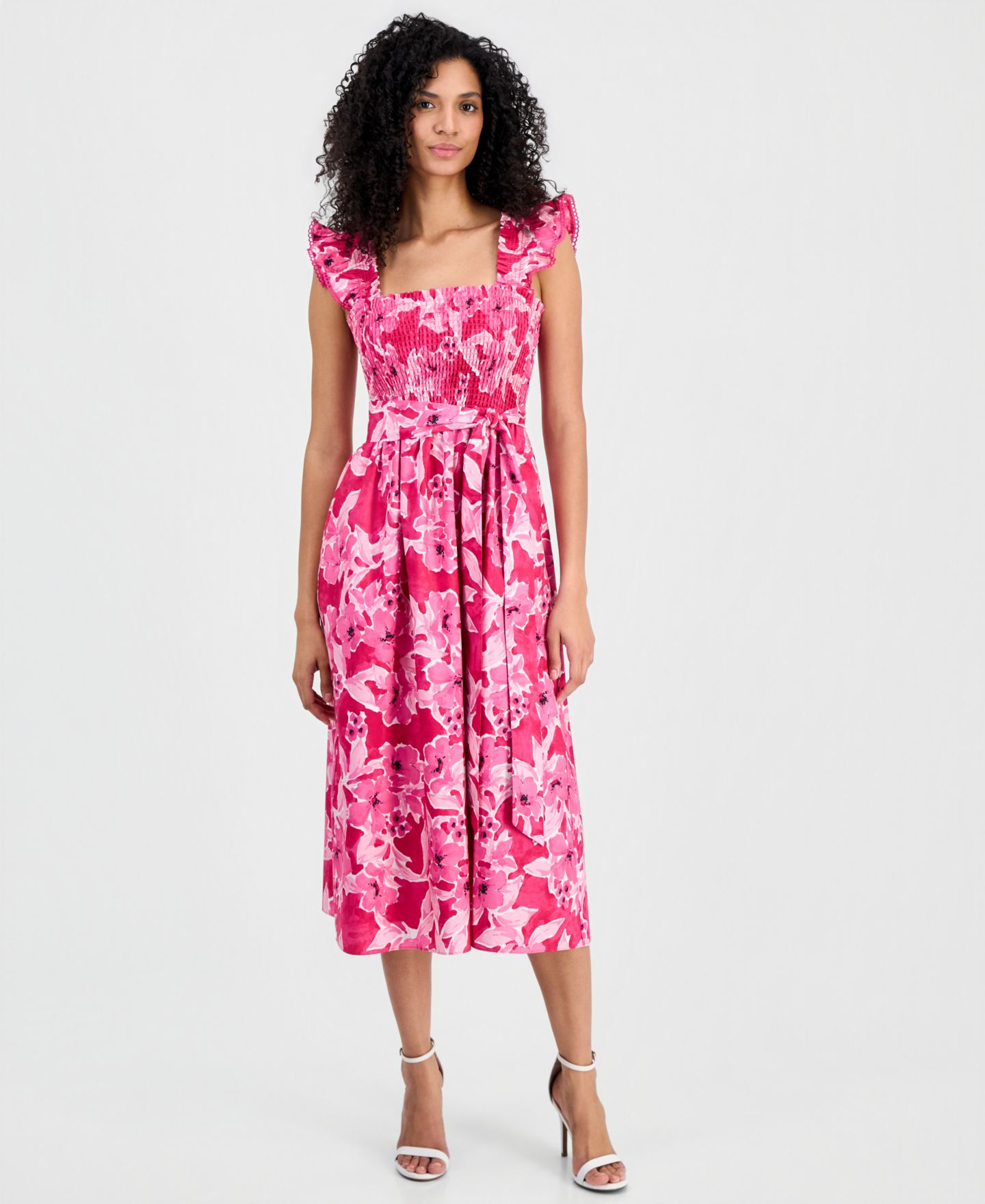 Женское платье Anne Klein Smocked Ruffle-Sleeve Midi, цвет: Розовый разноцветный — фото 1