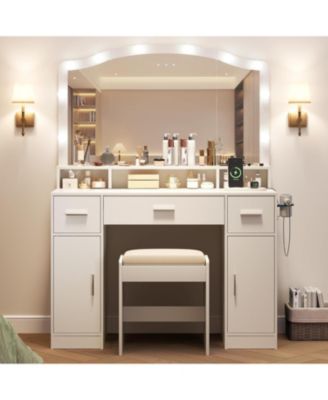 Large Vanity Desk with Mirror and Light - Dressing Table Set with 3 Drawers - 2 Cabinets Vanity with 10 LED Lights