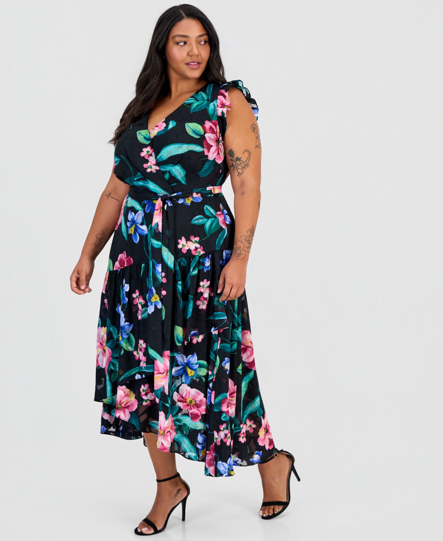 Women's Ruffle-Sleeve V-Neck High-Low Wrap Dress