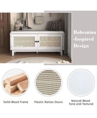 Rattan Shoe Storage Bench, Wooden Shoe Organizer with Cushion, 2 Doors, 2-Tier Shoe Rack and Adjustable Shelves for Entryway, Hallway