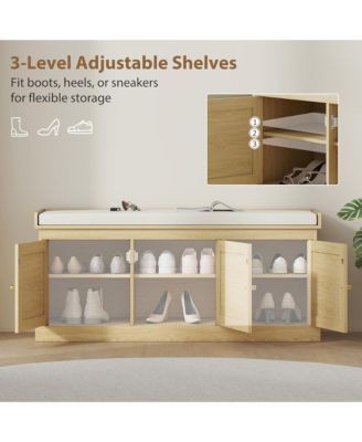 Shoe Storage Bench - Entryway Organizer with Woven Rattan Doors, Adjustable Shelves and Removable Cushion Cover for Hallway