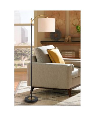 Rayna Mid Century Modern Downbridge Floor Lamp 61 1/2" Tall Black Gold Metal Off White Linen Drum Shade for Living Room Reading Bedroom