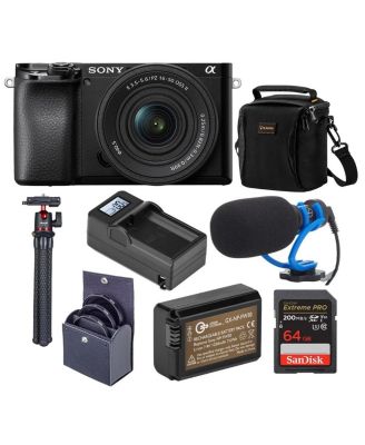 A6100 kit: 16-50mm lens, mic, tripod, bag, 64GB SD, filters, extra battery.