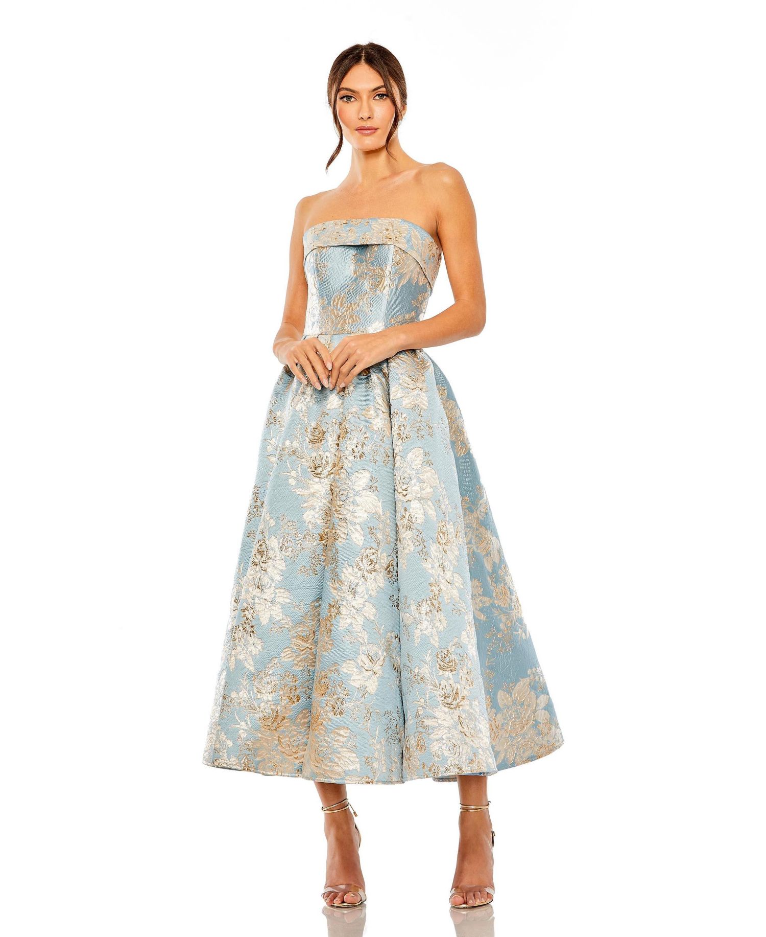 Petite Strapless Floral Brocade Midi Dress with Pockets