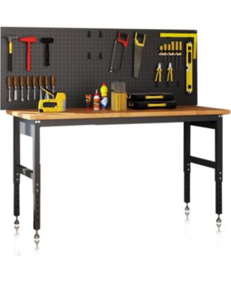 60" Workbench with Pegboard Wall, 2200lbs Weight Capacity Desk, 28"-40" Manual Height Garage Storage Table for Workshop
