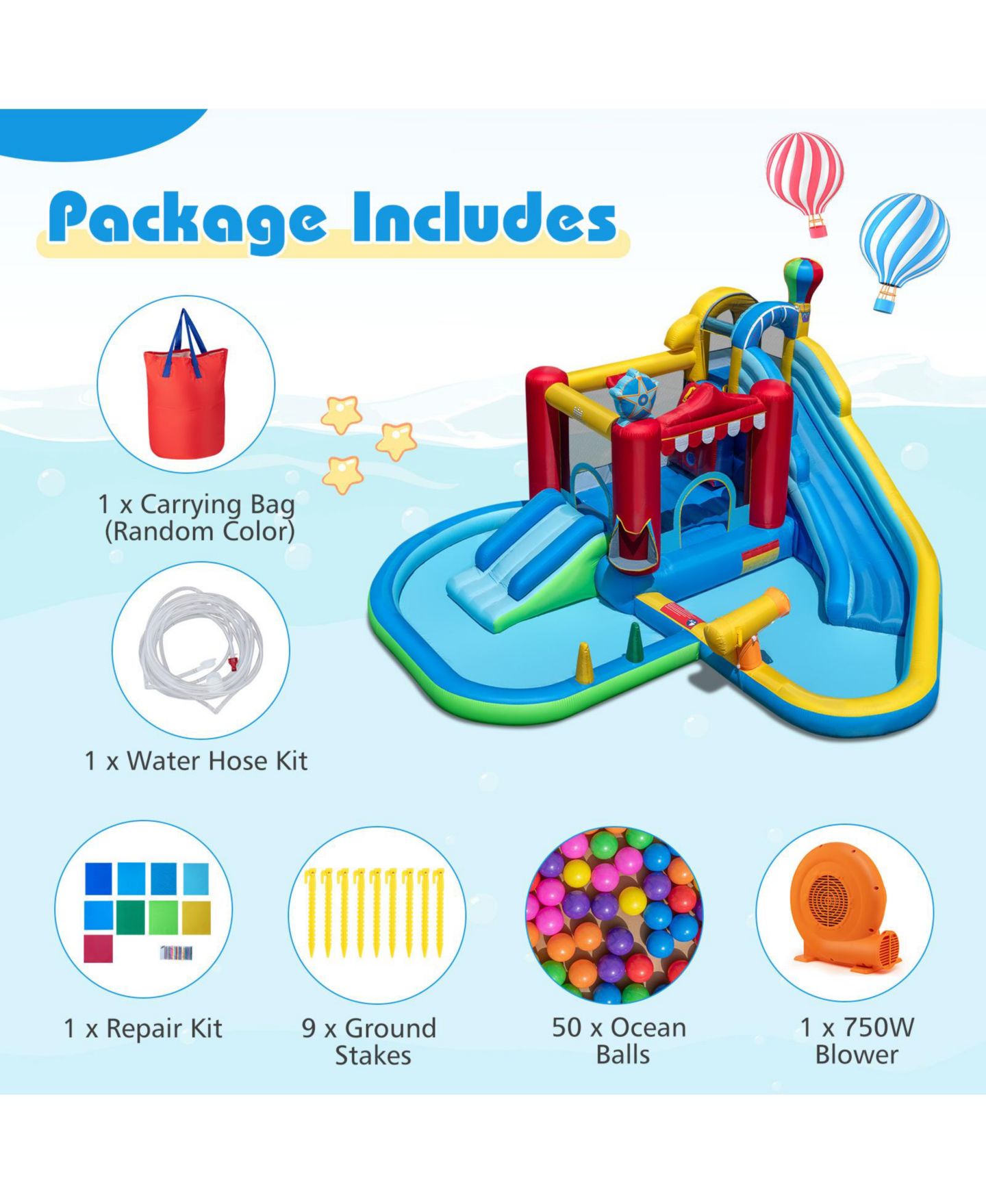 Детская игрушка Mecale Inflatable Water Park with Splash Pool, 50 Ocean Balls, 750W Blower, цвет: Синий — фото 2