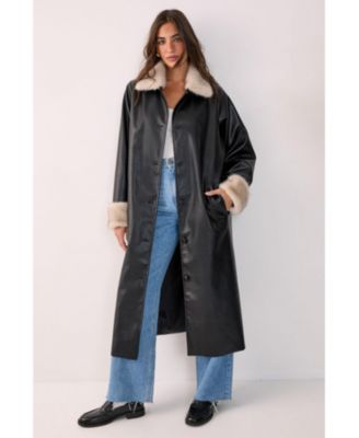 Women's Faux Leather Longline Fur Trim Coat